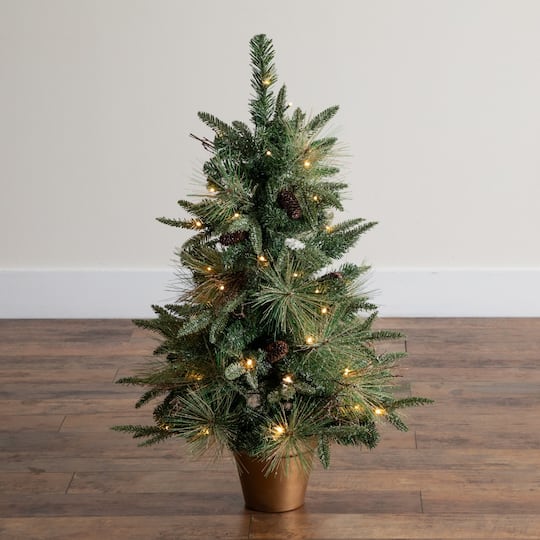 Nearly Natural 3ft. Pre-Lit Artificial Snowed Mixed Pine & Pinecone Christmas Tree in Gold Decorative Planter, Warm White LED lights
